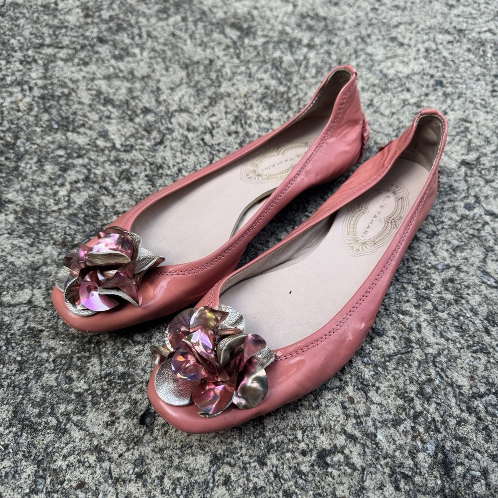 Elie Tahari Ballet Flats Womens 7 (EU 37.5) Pink Patent Leather Metallic Rosette